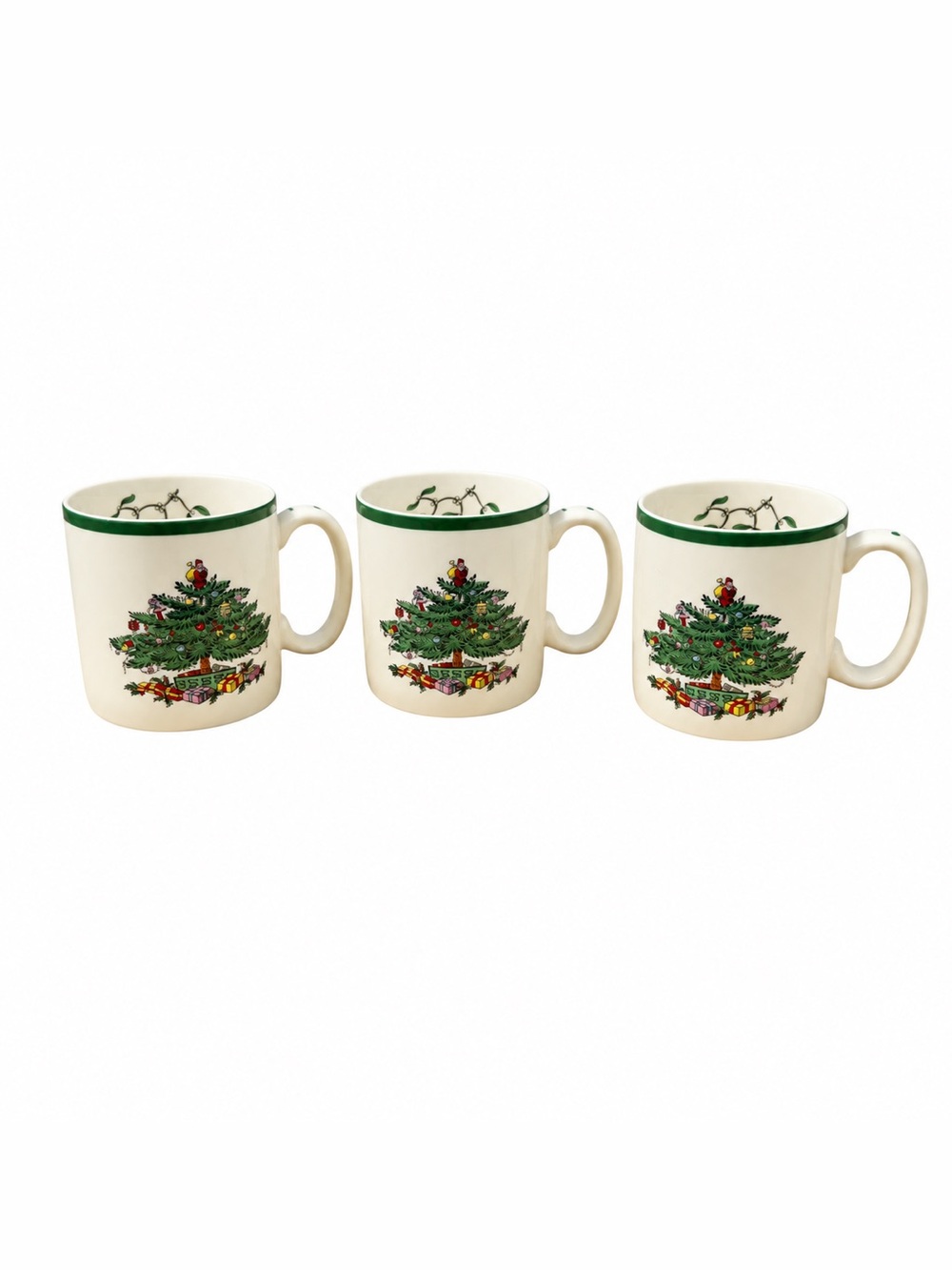 Spode Christmas Tree Mugs Set of 3 NWT 9oz Holiday Coffee Cups Green Trim 3.5”